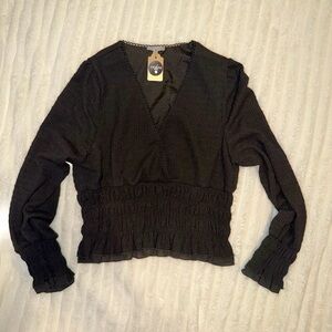 Carbon Black V-Neck Smocked Waist Long Sleeve Blouse